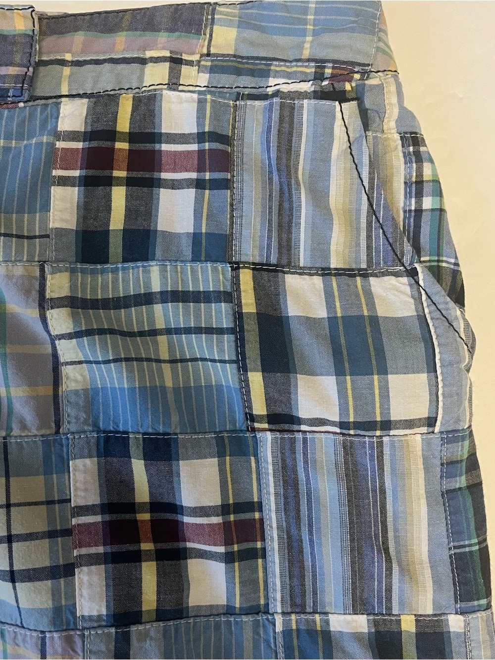 Vintage Y2K Larry Levine Preppy Mini Skirt Madras Blue Plaid Patchwork Cotton 10 - Picture 3 of 13